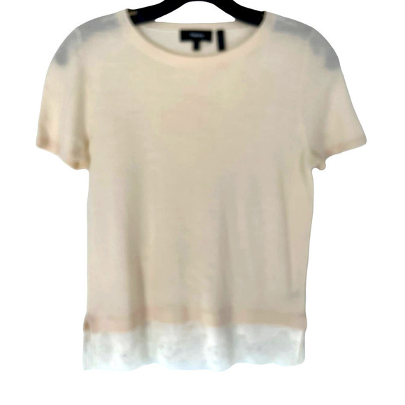 Theory CREAM SHORT SLEEVED MERINO WOOL SWEATER WITH SILK LACE TRIM AT THE HEM - Picture 1 of 8